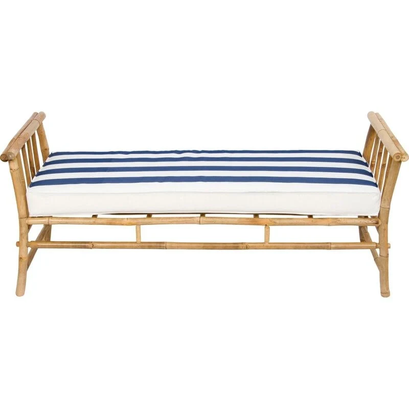 Bamboo Bench Sofa Ottoman Seat With Blue White Stripes Cushions