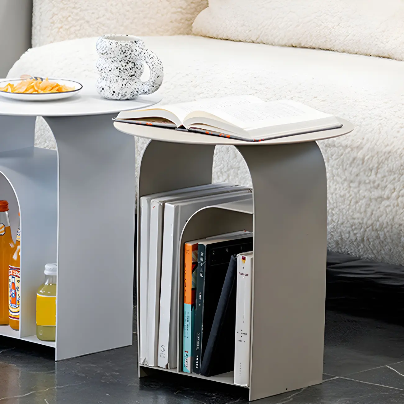 Industrial Narrow White Metal Bedside Table with Round Top