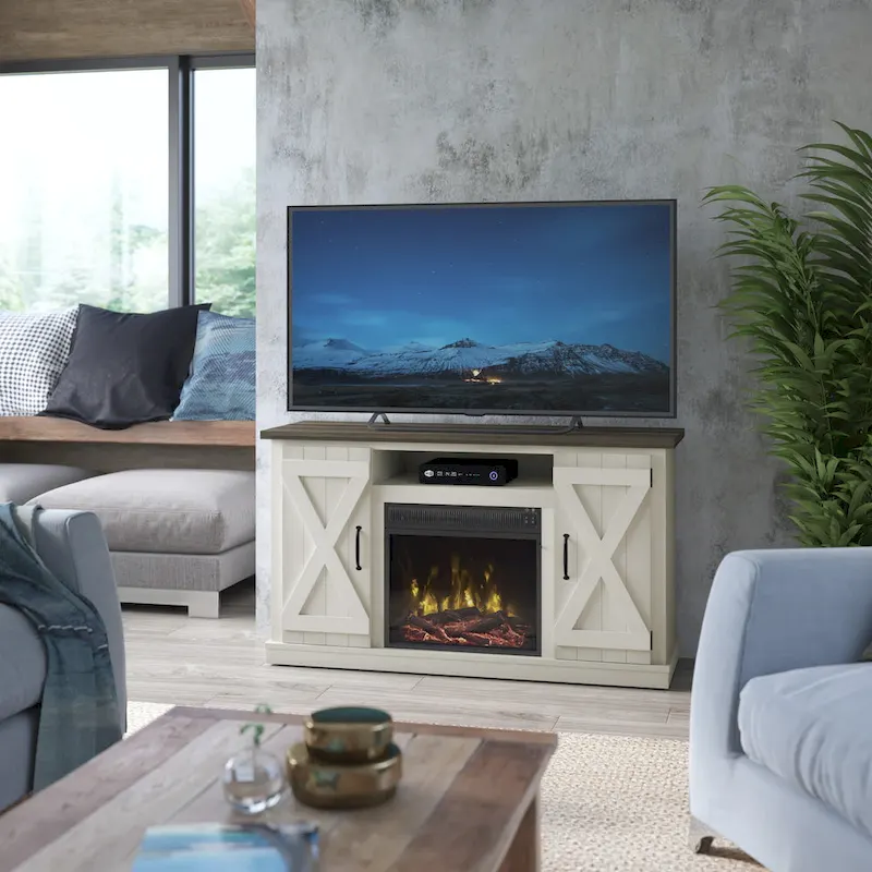 White / Old Wood White Farmhouse TV Stand with Electric Fireplace, Fits TVs up to 55