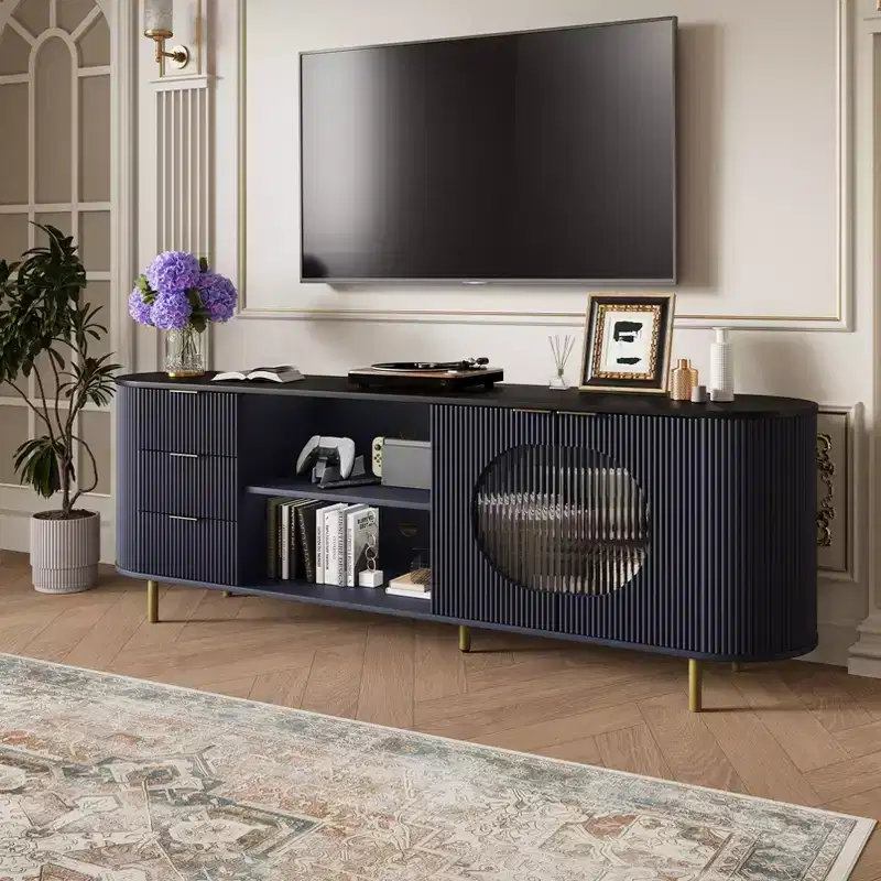 JVNOXK 65-inch Modern Curved Profile TV Stand Recessed Design, Fits TVs 69 inches and under Marble-effect Top with Gold Accents Natural Blue