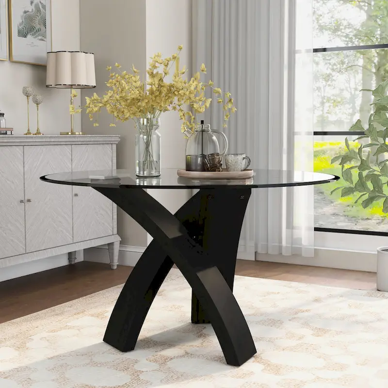 Contemporary 52-Inch Round Glass Top Dining Table