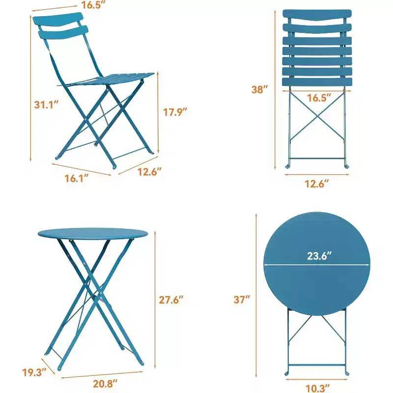 GustoWave 3-Piece Foldable Metal Bistro Set With Round Table, 2 Chairs