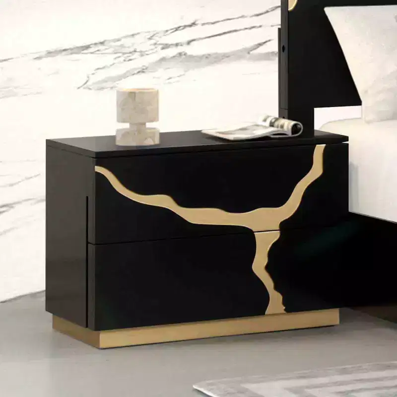 JVNOXK 28-inch Modern Single Nightstand Gold Lacquer Pattern French and English Dovetail Drawers Bedroom Furniture Black and Gold