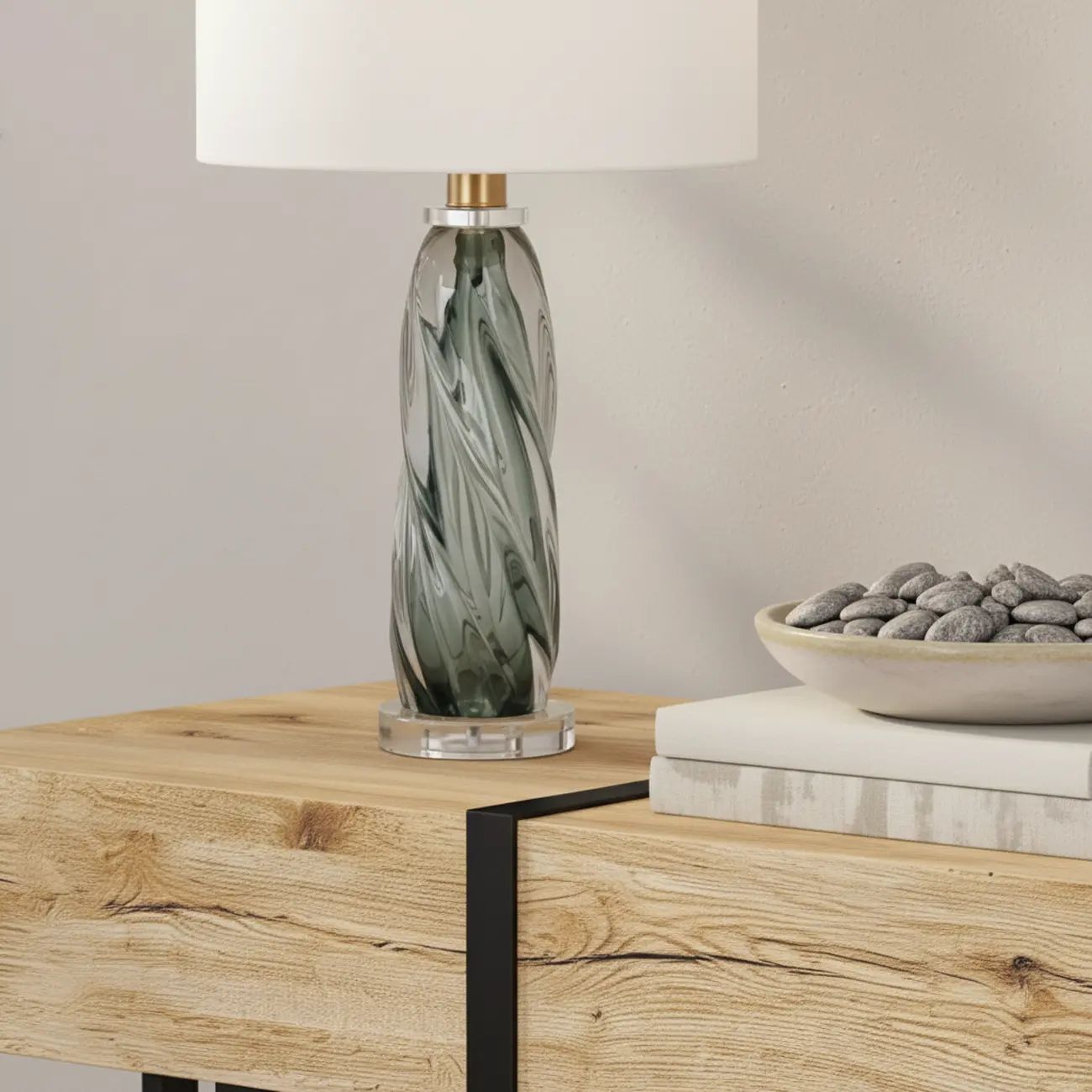 Modern Green Twisted Glass Table Lamp with Fabric Shade