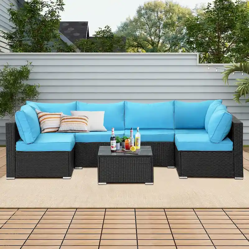 7-Piece Wicker Patio Sectional Conversation Seating Set with Blue Cushions - 85*78