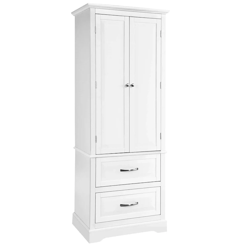 White Tall Storage Cabinet with 2 Drawers - Freestanding Bathroom Tower