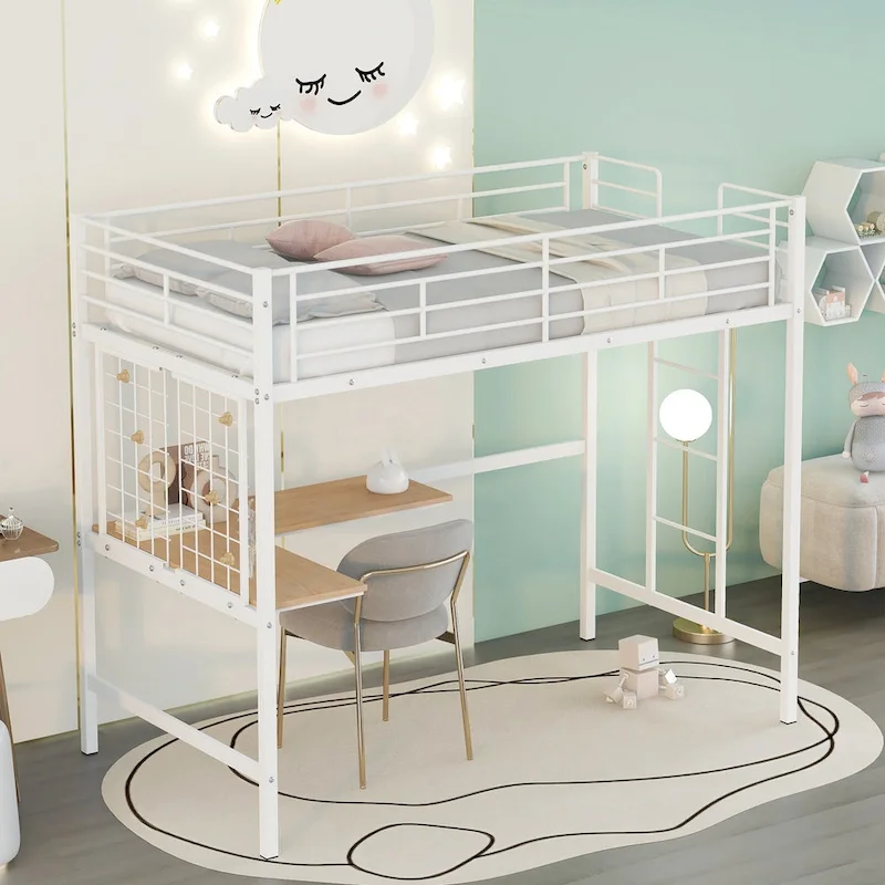 White Twin Metal Loft Bed with Desk, Ladder, Metal Grid & 20 Slats | Kids & Teens