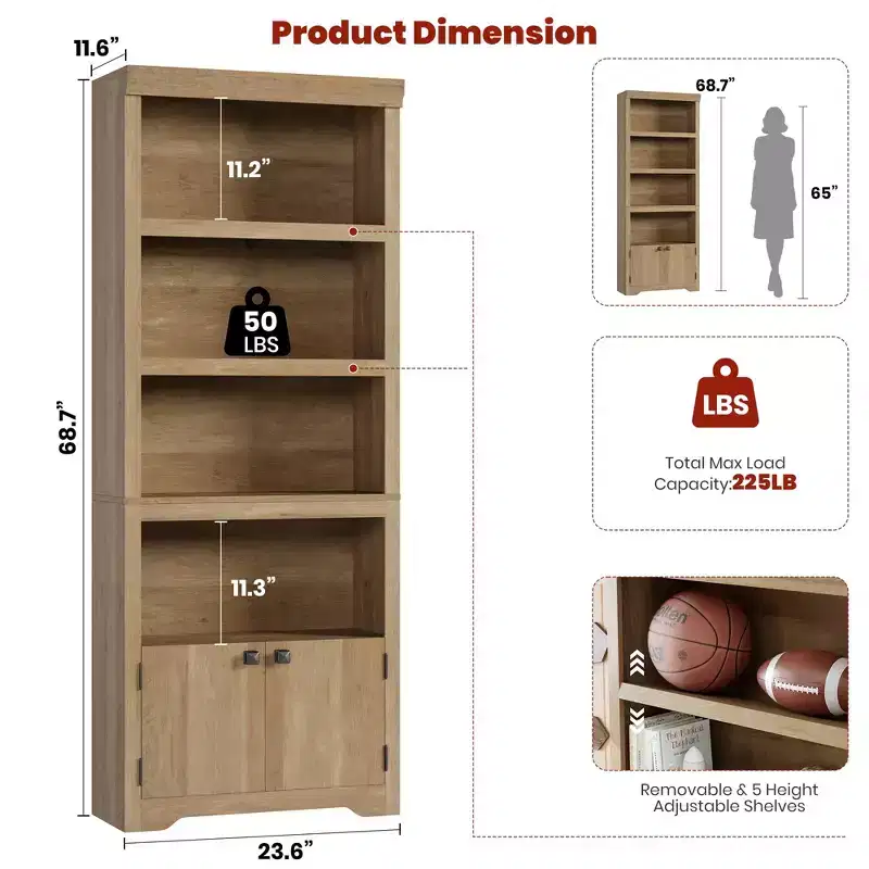 69 Tall 5-Tier Farmhouse Bookshelf with 2 Doors & Adjustable Shelves, Open Storage Bookcase for Home Office, Living Room & Study