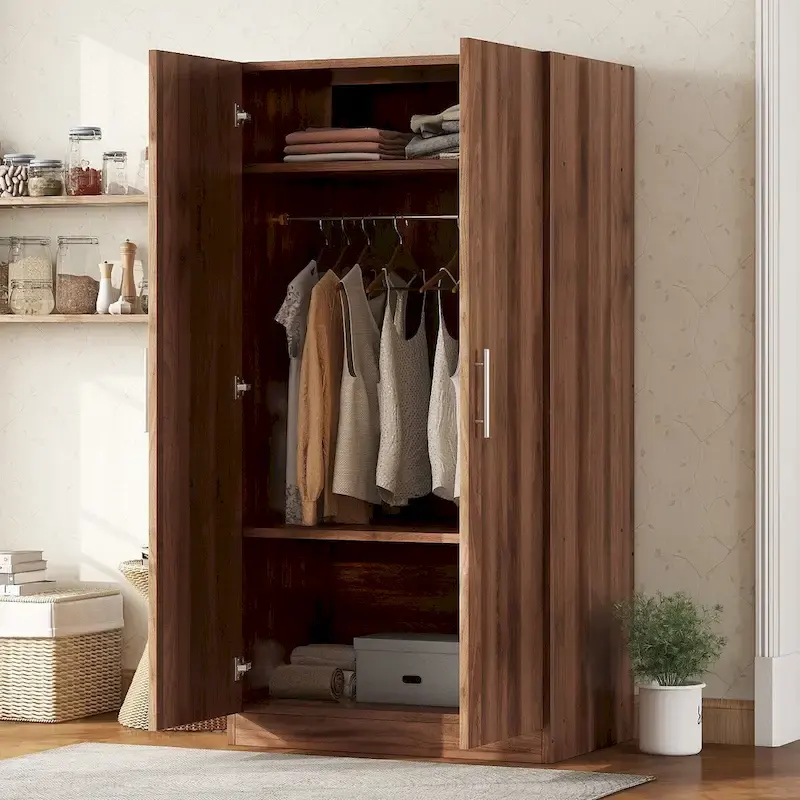 2-Door Wooden Wardrobe Armoire with 3 Storage Shelves, Brown(Expected Arrival Time: 6.21)