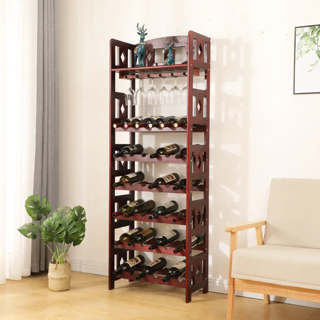 Free Standing Pine Wood Wine Racks with Bar Glass Holder Shelf