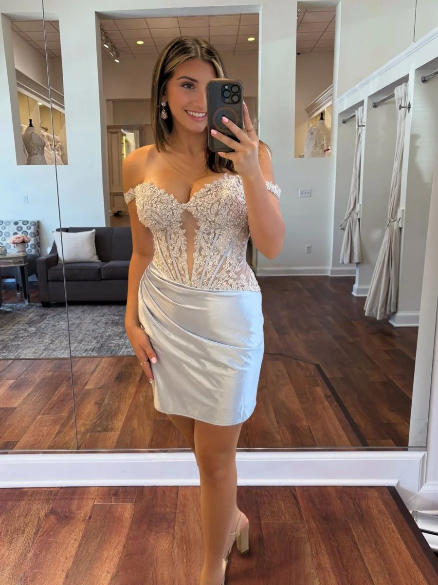 Silver - Off The Shoulder Bodycon Satin Pleated Homecoming Dresses With Appliques