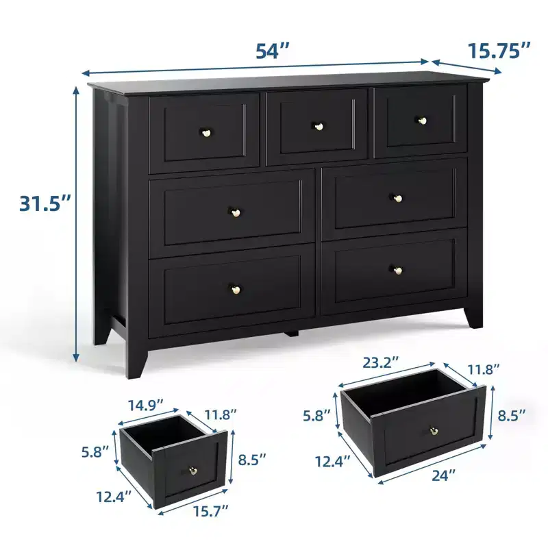 Modern 7-Drawer Wide Dresser with Metal Knobs, Wood Storage Chest for Bedroom, Hallway, or Entryway Organization