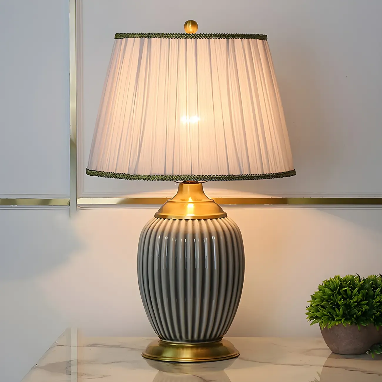 Plug-In Elegant Ceramic LED Table Lamp with Fabric Shade