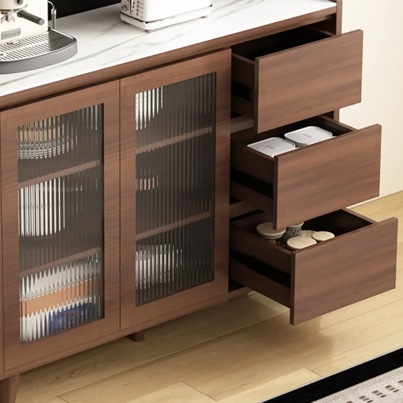 Wide Brown Wooden Pegboard Back Sideboard with Hutch