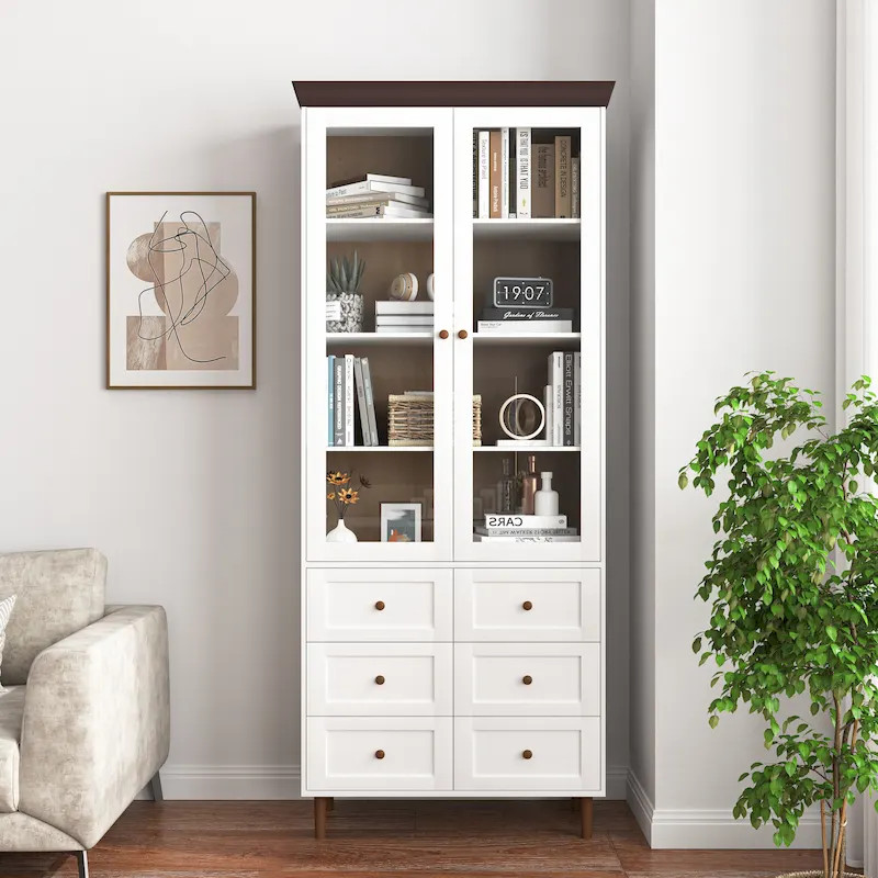 White MDF Tall Storage Cabinet with Glass Door, Adjustable Shelves, Single Door