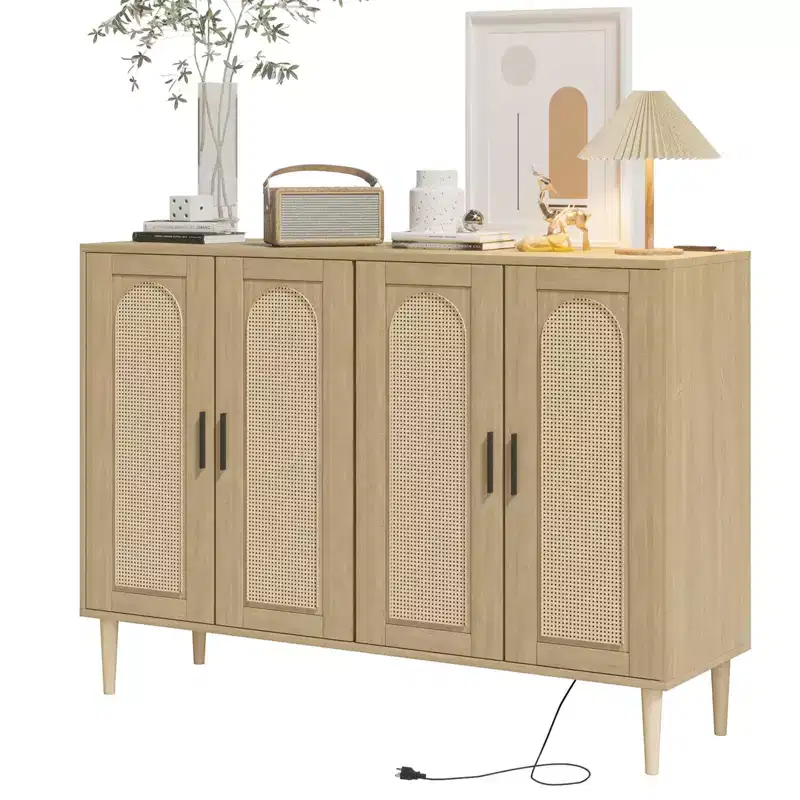 Boho Rattan Sideboard Buffet Cabinet with Power Outlet, 4 Door Storage Console Table with Adjustable Shelves for Entryway,Hallway, Dining Living Room