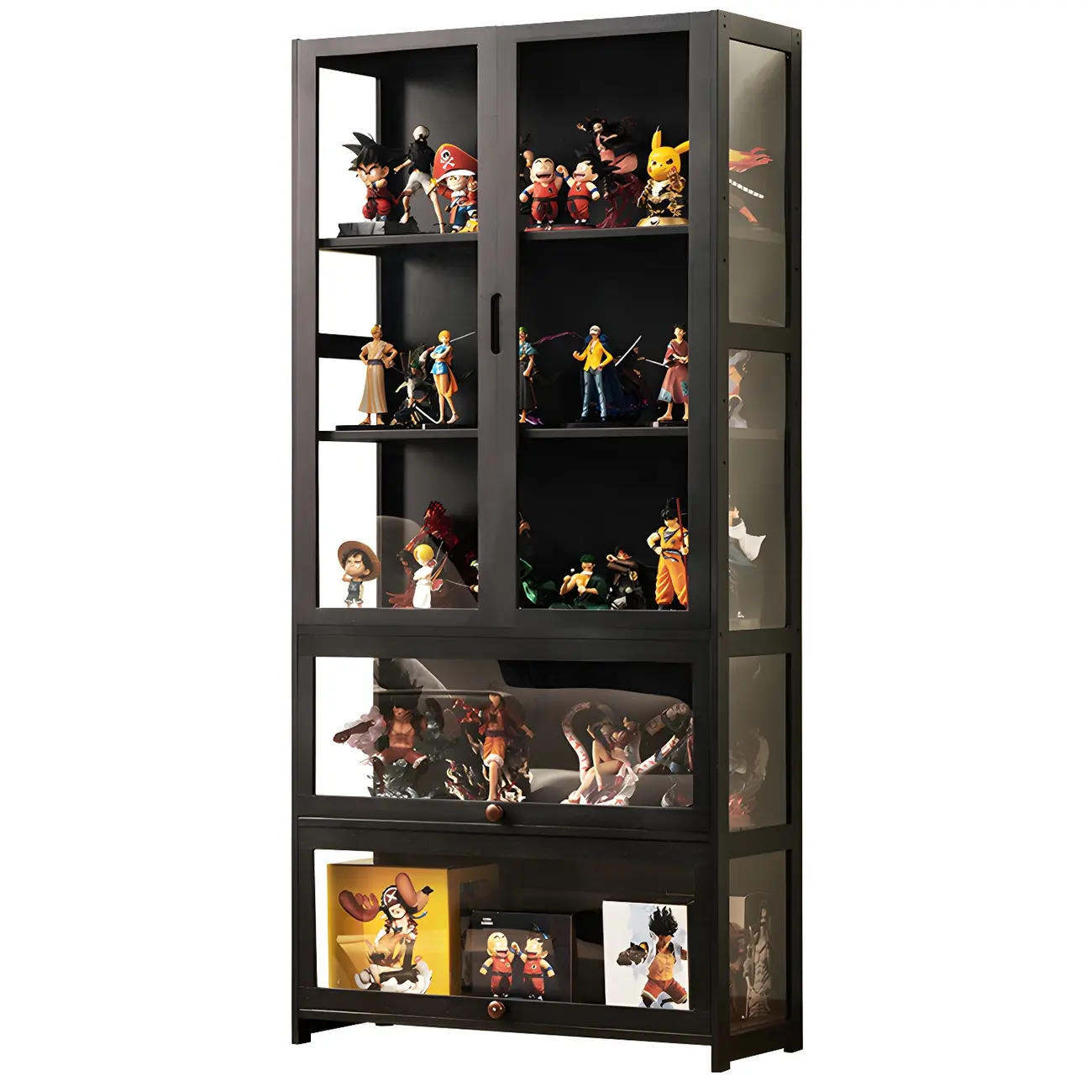 Modern Black Bamboo Adjustable Shelves Glass Display Cabinet