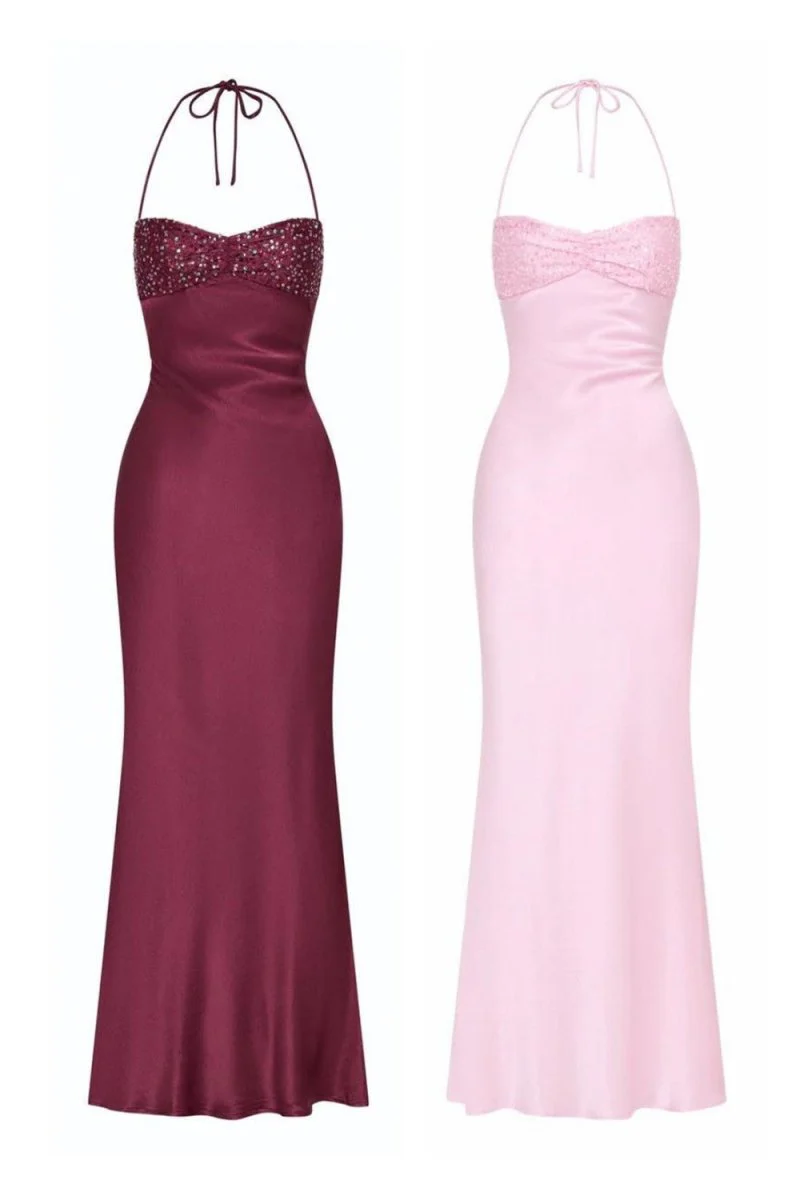 Pink - Halter Sheath Satin Long Prom Dresses With Sequins