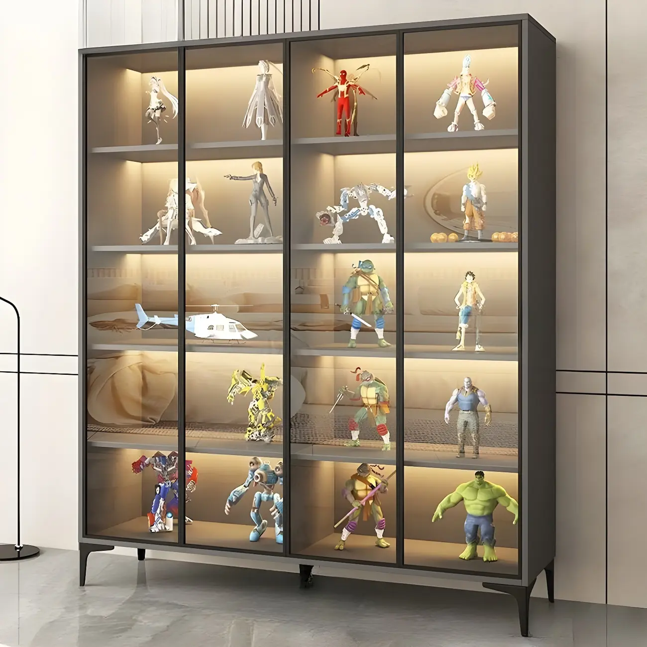 Freestanding Black Tempered Glass Wood Display Cabinet