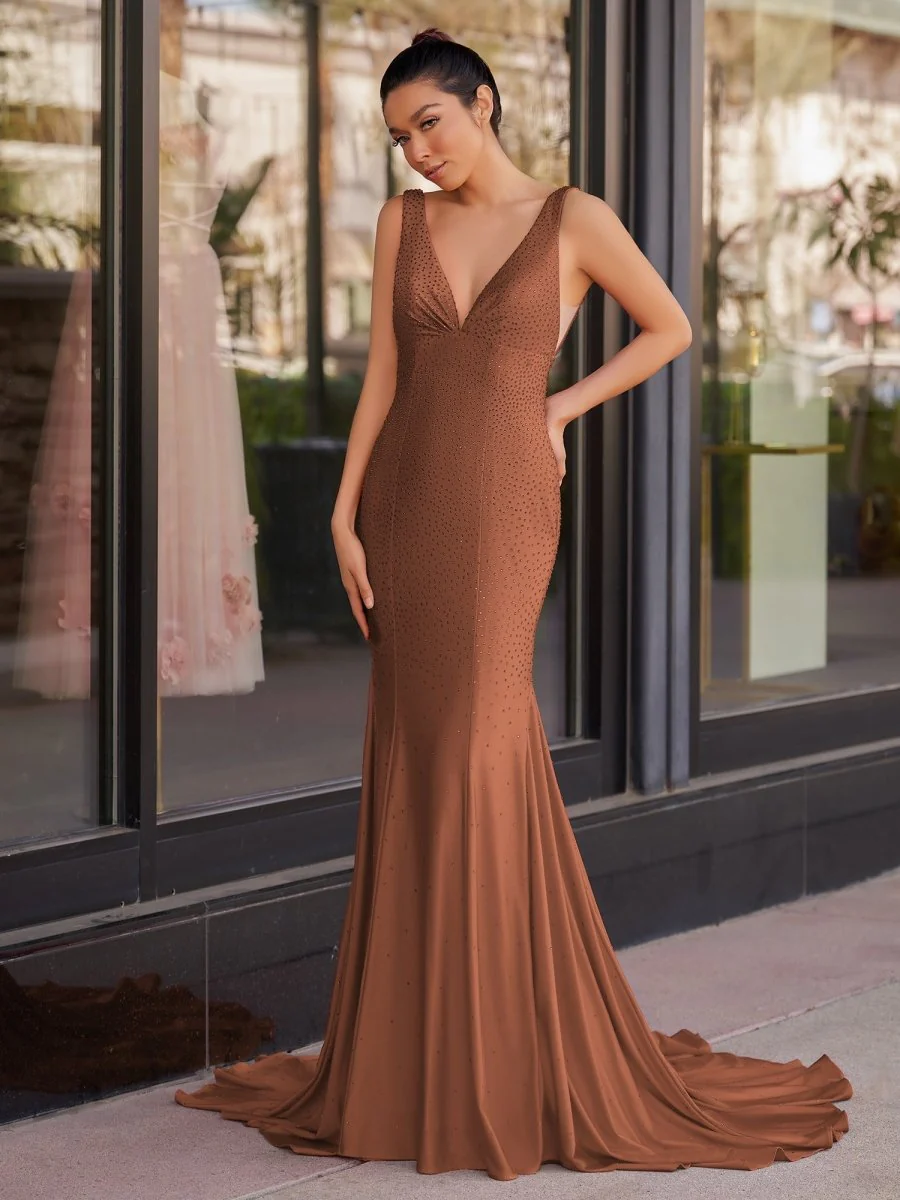 Mermaid Deep V-Neck Beaded Satin Long Prom Dress