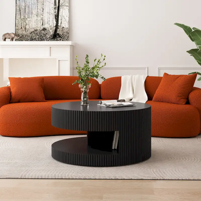 White / Black Modern Round Coffee Table with Embossed Stripe Design & 2-Tier Open Storage, 31.5 Inch
