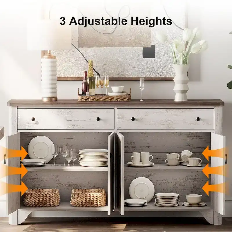 WAMPAT Farmhouse 3PCS Bedroom Set, 59  W Large Sideboard Buffet Cabinet,and Wood Nightstands Set of 2 with Charging Station