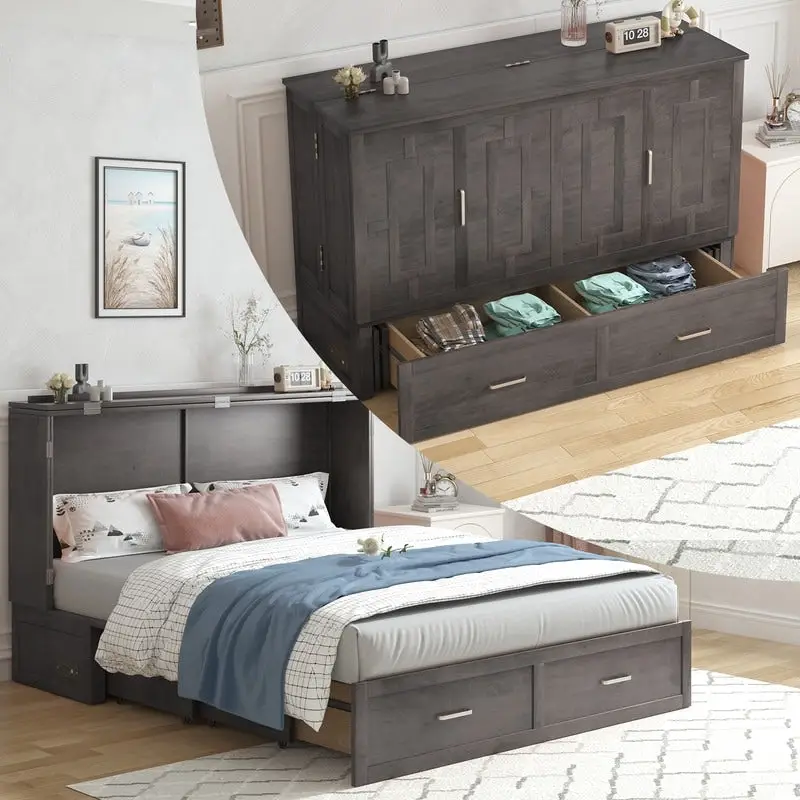 Mixoy Modern Murphy Bed Chest with Mattress,Storage Drawer,Charging Station