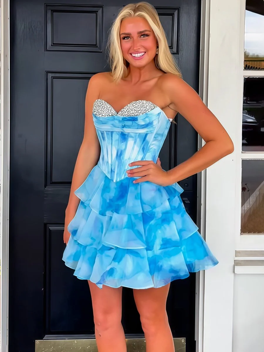 Blue - Strapless A Line Chiffon Tiered Homecoming Dress With Beading