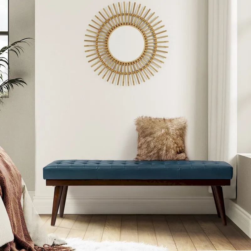 Genuine Leather Tufted Bench with Solid Wood Base