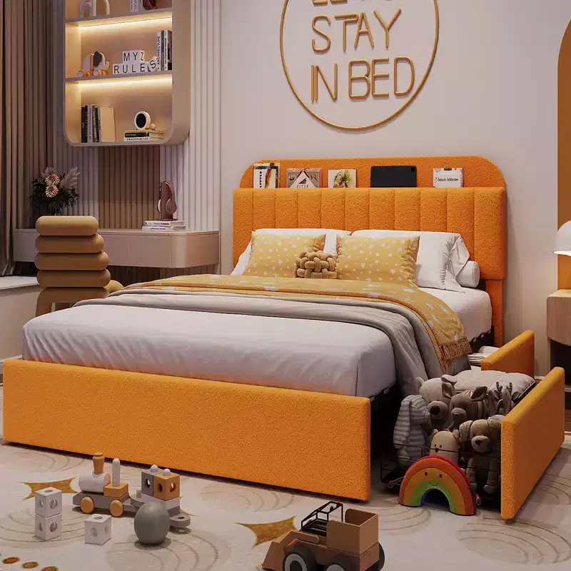 Twin/Full Bed Frame with Storage Headboard and 2 Drawers, Upholstered Platform Bed with Bookcase, No Box Spring Needed, Yellow