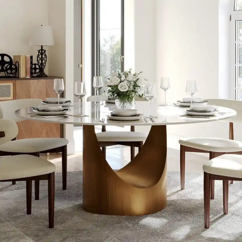 Modern Round Dining Table – White Sintered Stone Top & Bronze Carbon Pedestal