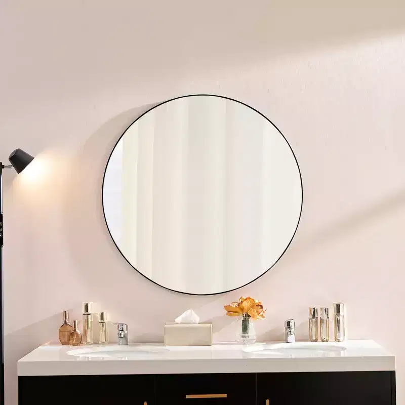 Okak 36IN Modern Round Mirror with Narrow Aluminum Frame, Wall Mount Bathroom Mirror, Vanity Mirror for Bathroom, Living Room, Black