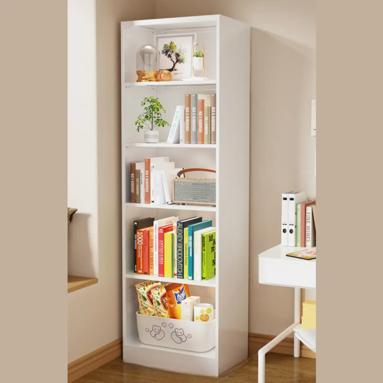 Narrow White Wooden Closed Back Tall Bookshelves