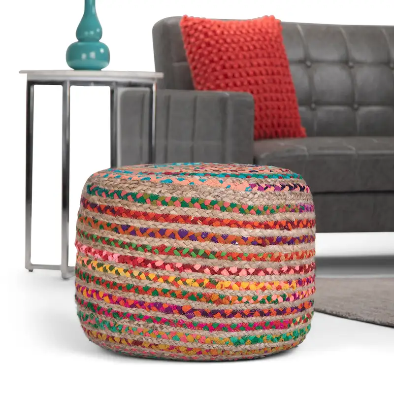 Boho Round Pouf in Hand-Braided Jute & Cotton — Fully Assembled