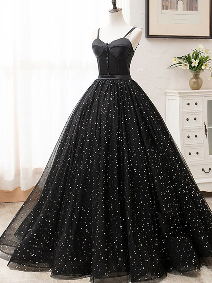 Spaghetti Straps Glitter Black Long Prom Dress