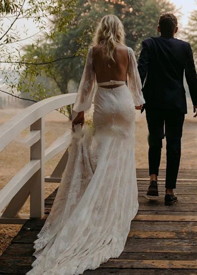 Long Lartern Sleeve Mermaid V-Neck Backless Lace Bohemian Wedding Dresses