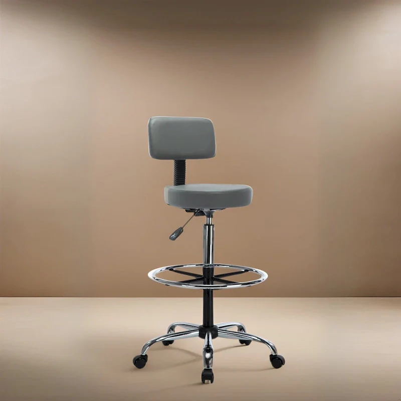 Height Adjustable Drafting Stool - With Premium Leather, Rolling Wheels