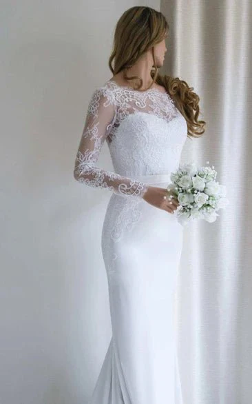 Bateau Lace Long Sleeve Sheath Chiffon Wedding Dress With Sweep Train
