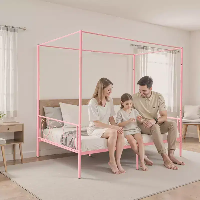 VEVOR Twin Size Canopy Bed Frame, Metal Canopy Bed with Minimalist Headboard & Four Posters Design, Heavy Duty Steel Slats Support, Pink