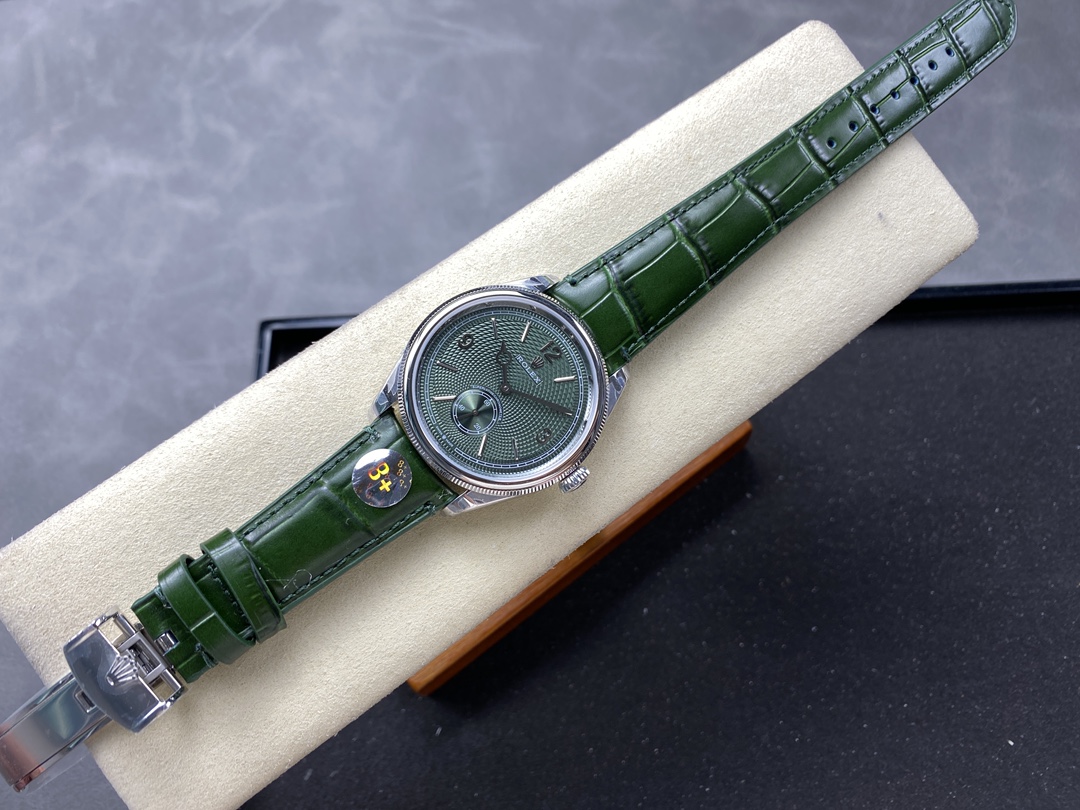 Replica Rolex olive green leather strap watch top view