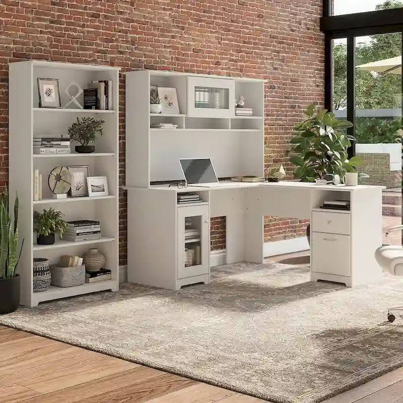 Cabot 60W L-Desk with Hutch and 5 Shelf Bookcase by Bush Furniture
