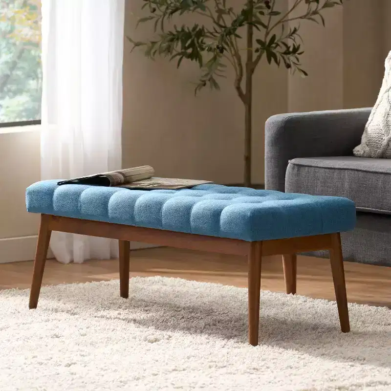 GDFStudio Flora Mid Century Modern 44 Upholstered Tufted Rubberwood Ottoman