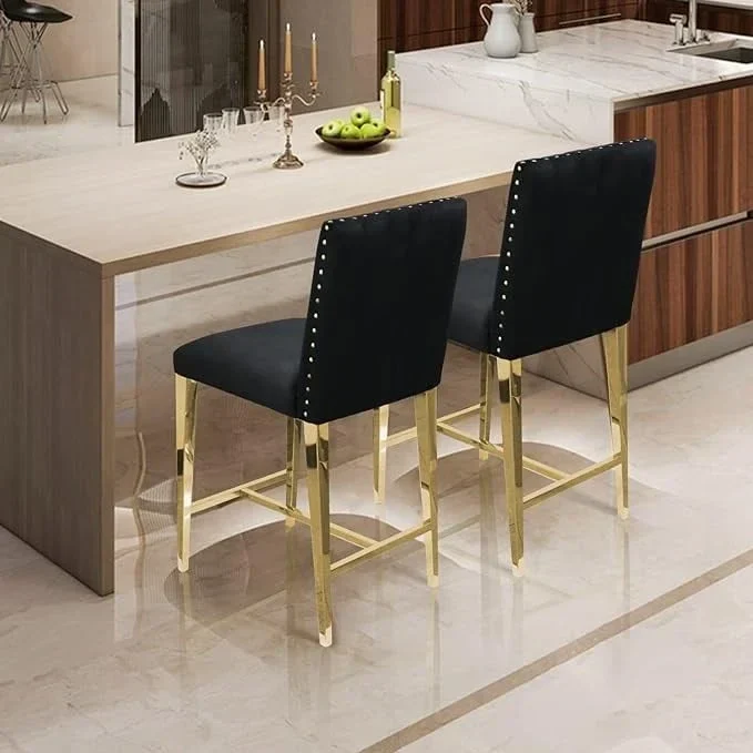 Black Velvet Bar Stool with Gold Legs, Upholstered, Set of 2 / Set of 4
