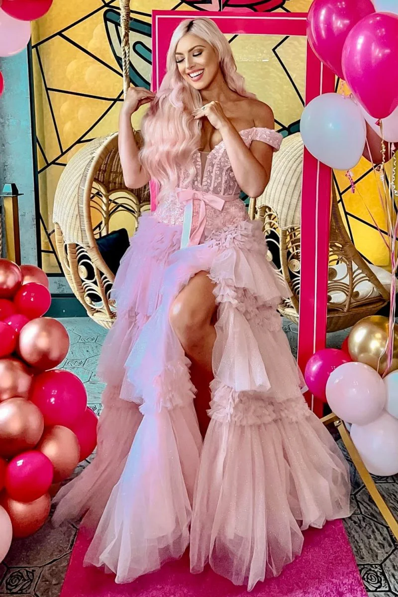 Princess A Line Off the Shoulder Light Pink Long Prom Dress with Ruffles