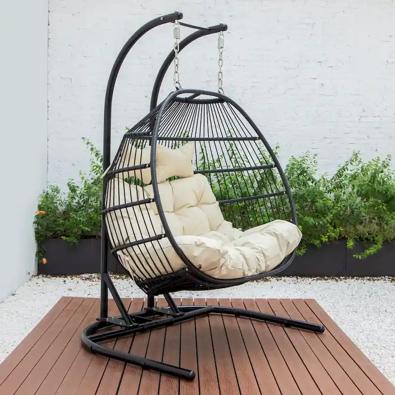 Double-Seat Folding Hanging Swing Chair with Stand & Cushion