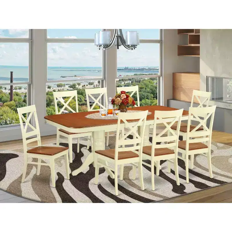 Modern 9 Piece Dining Set - Rectangle Table & 8 Chairs - Buttermilk Cherry Finish - Kitchen Dining Room