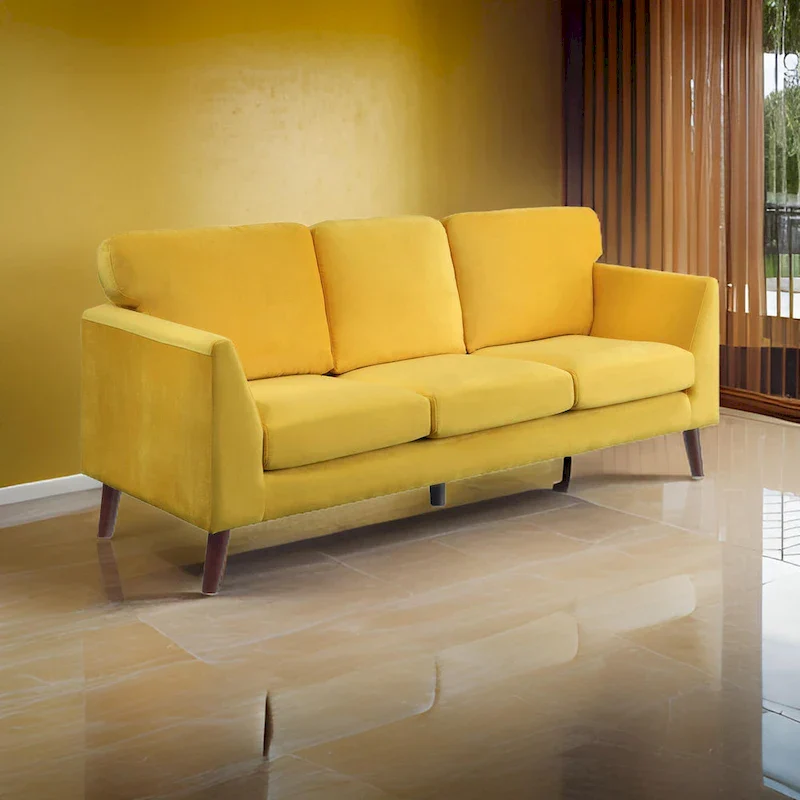 Yellow Velvet Upholstered Sofa with Reversible Cushions and Dark Brown Wood Legs