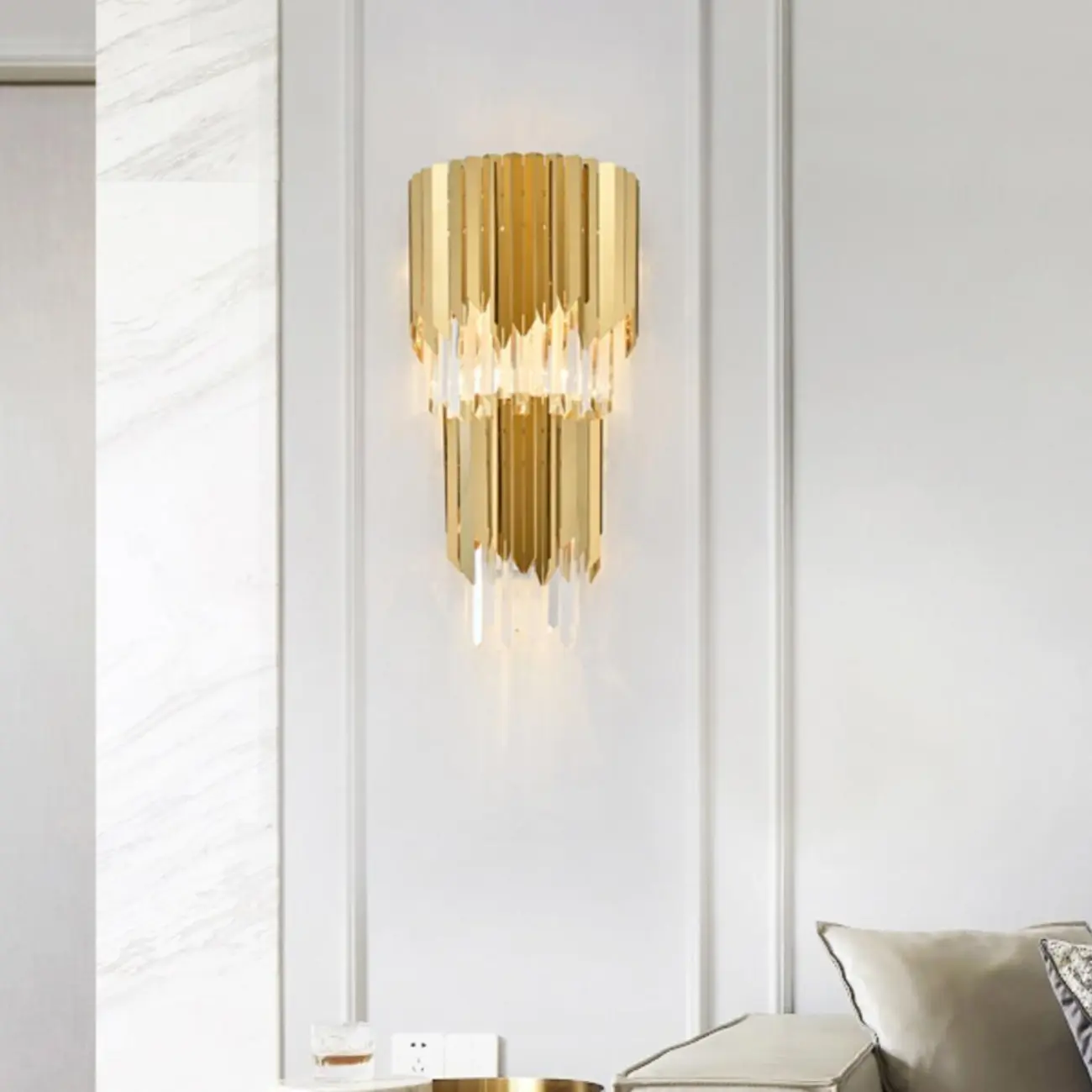 Modern Crystal Gold Metal Tassel Tiered Shining Wall Sconce