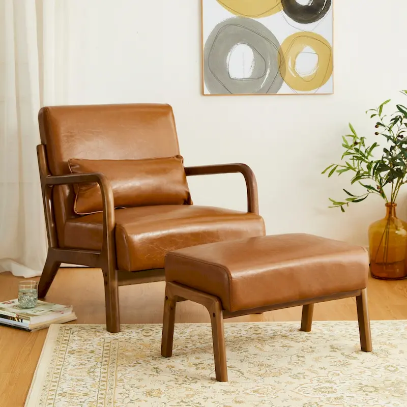 Brown Mid-Century Faux Leather Ottoman Accent Stool, Set of 2