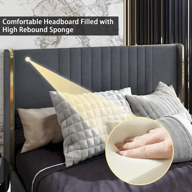 Modern Illuminated Bed Frame with Gold Trim - Chic Upholstered Design